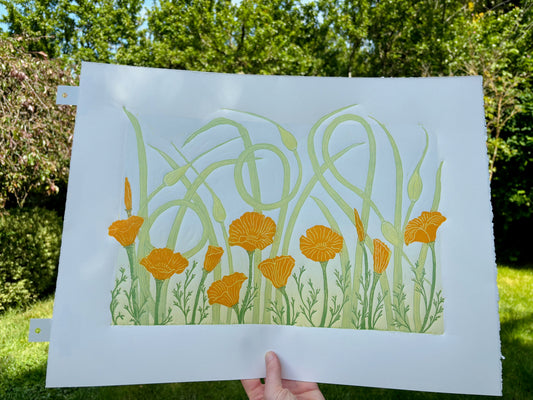 Scapes and Poppies Reduction Linoprint