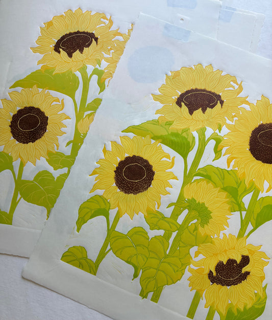 Green Sunflowers Reduction Linocut