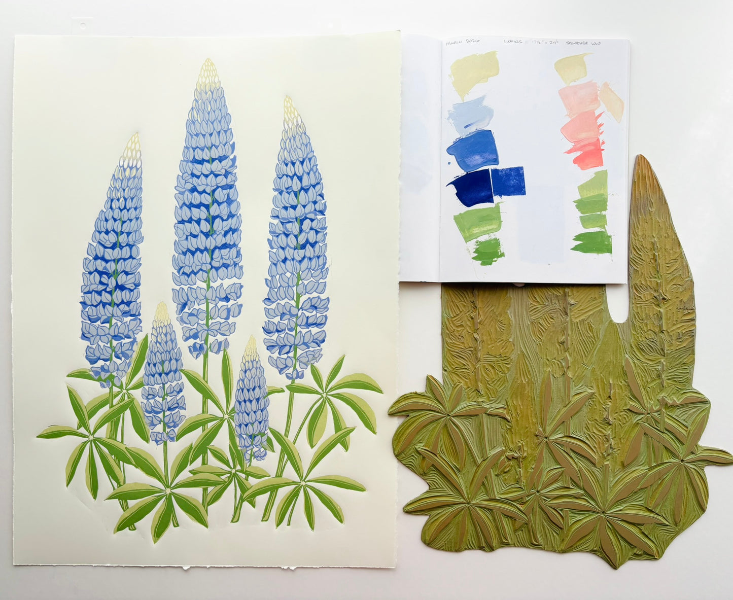 Garden Lupine Reduction Linoprint