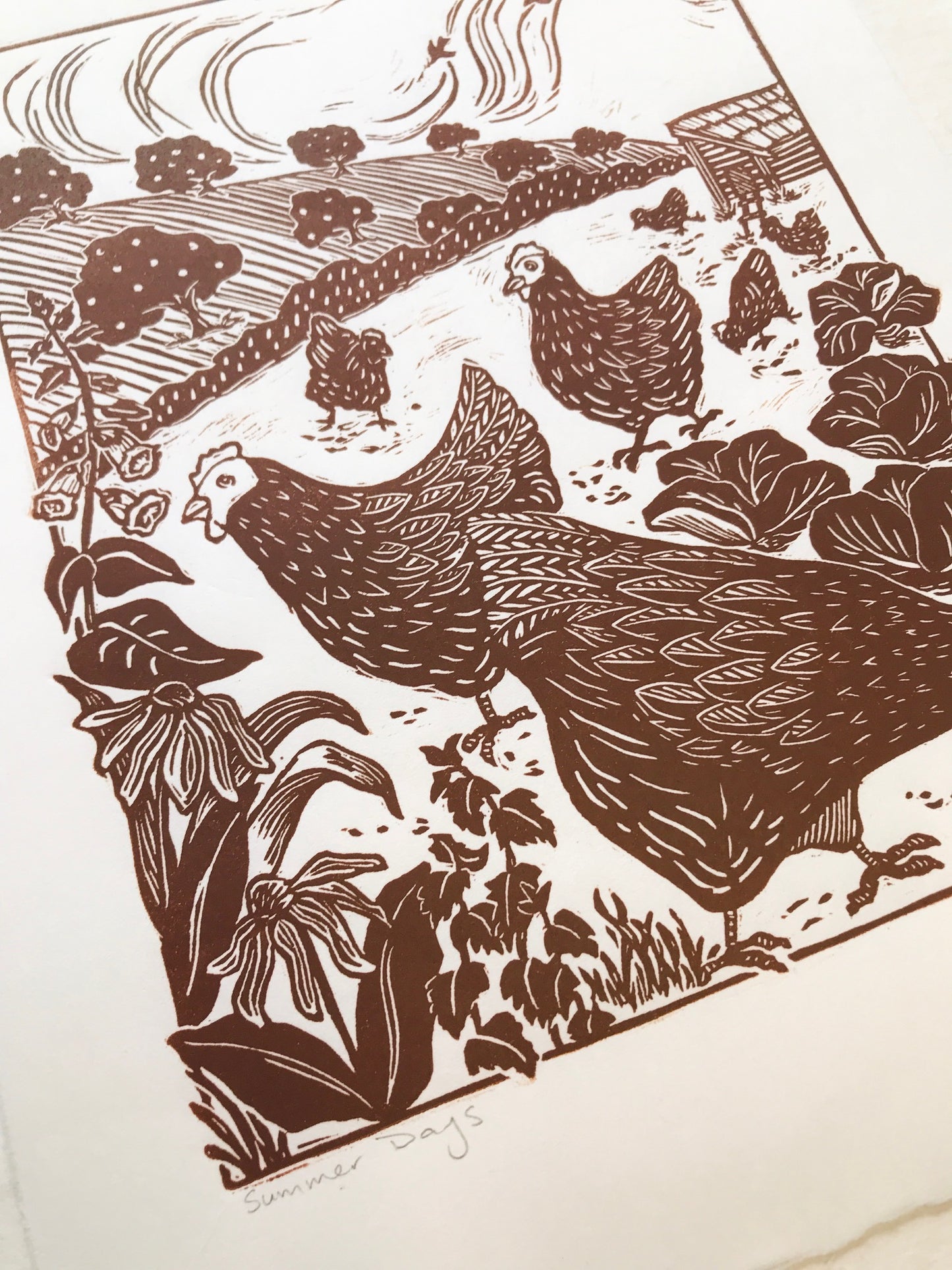 Hens Original Linocut Print