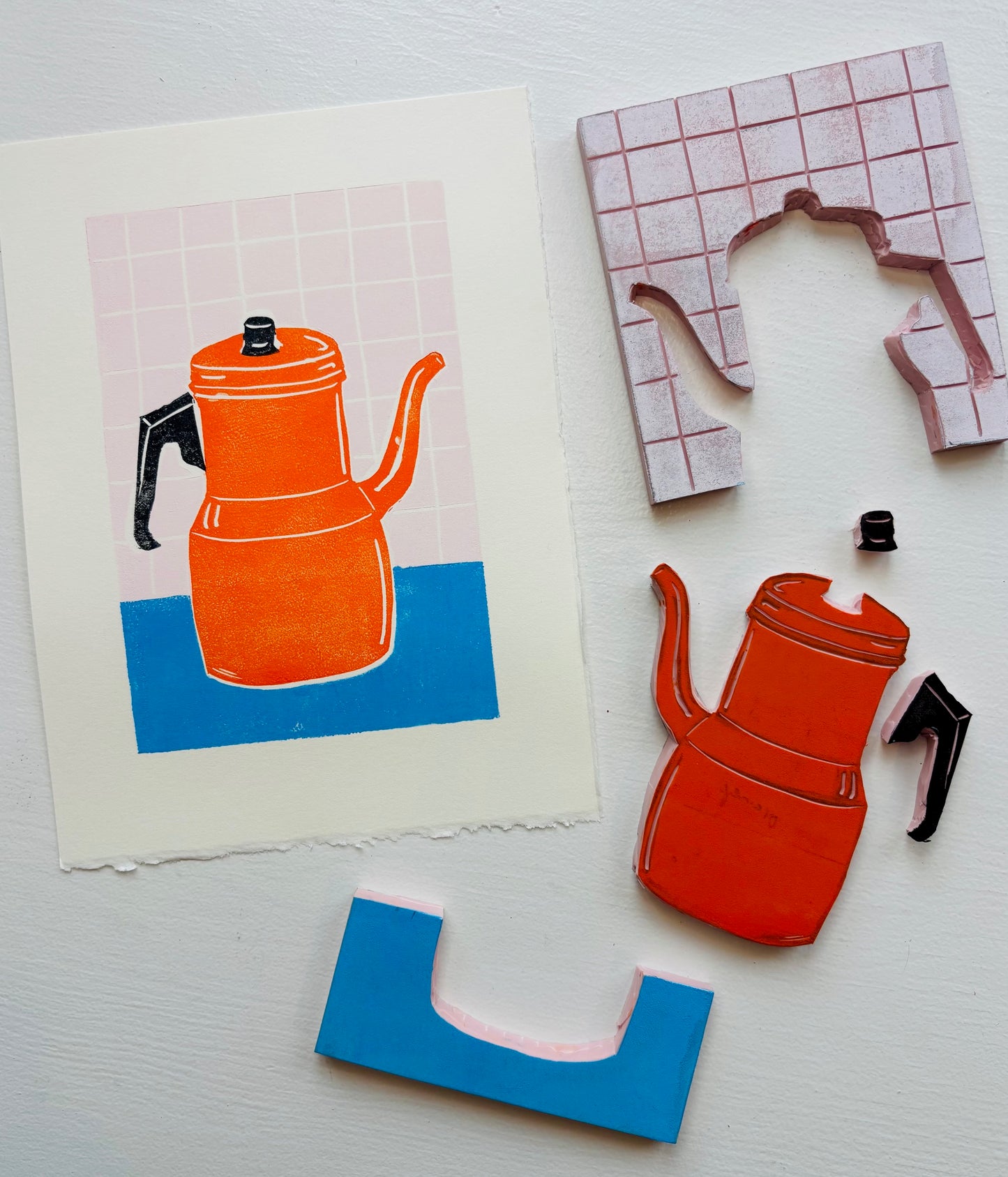 Orange Teapot Original Linocut