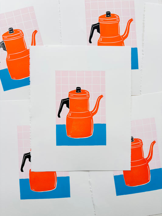 Orange Teapot Original Linocut