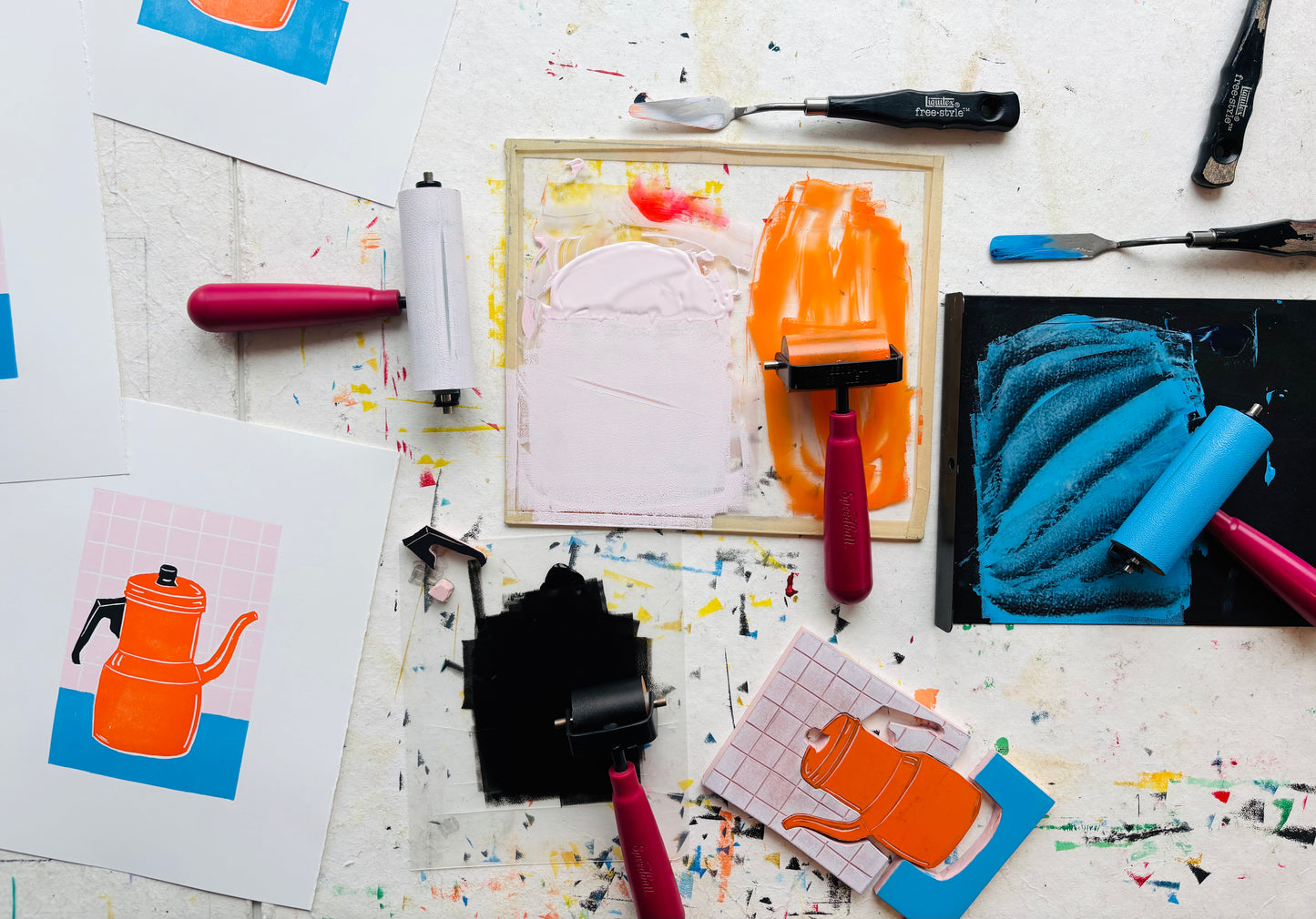 Orange Teapot Original Linocut