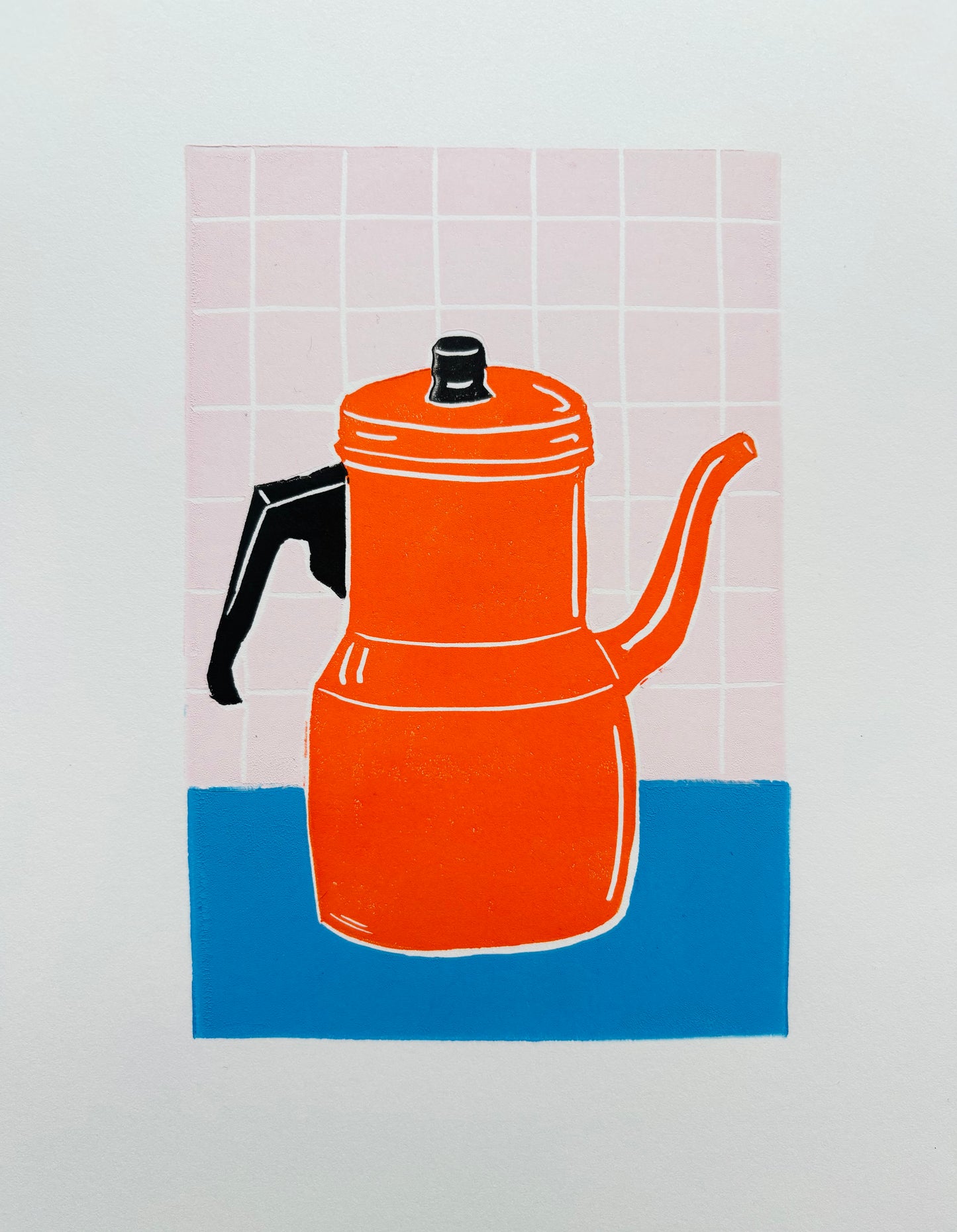 Orange Teapot Original Linocut