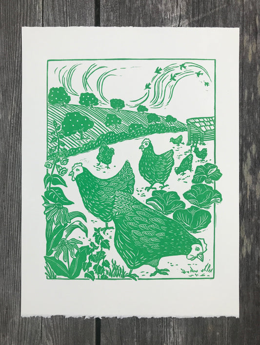 Hens Original Linocut Print