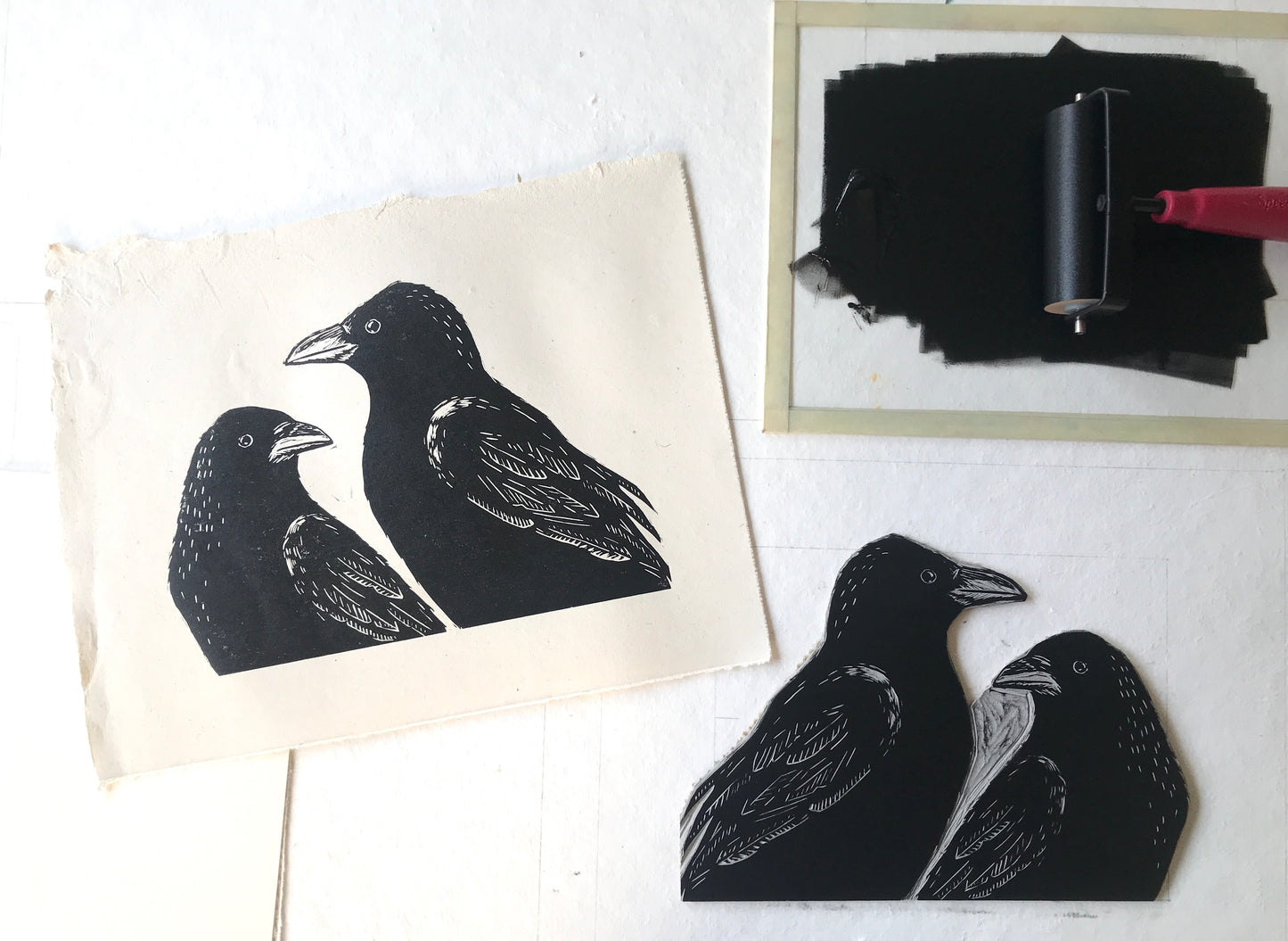 Two Crows Linoprint